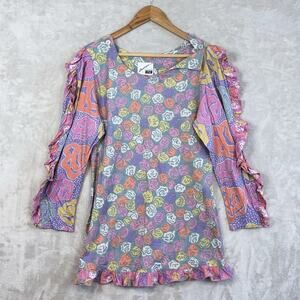 Vintage 90s Jeanne Marc Botanical Ruffle Sleeve Mini Dress Cotton Size 10 HK